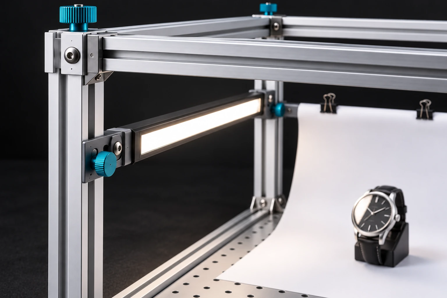 An LED bar mounted between the front and rear side posts at a slight diagonal, supported at both ends