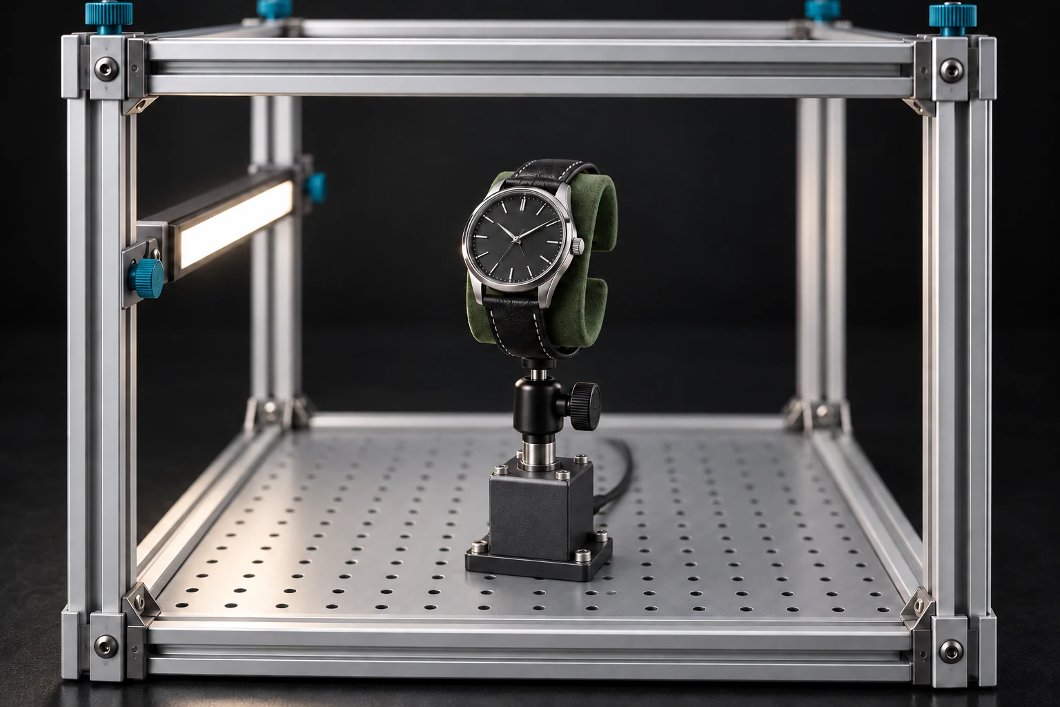 A watch supported above the floor by a green padded holder and a compact rotation motor