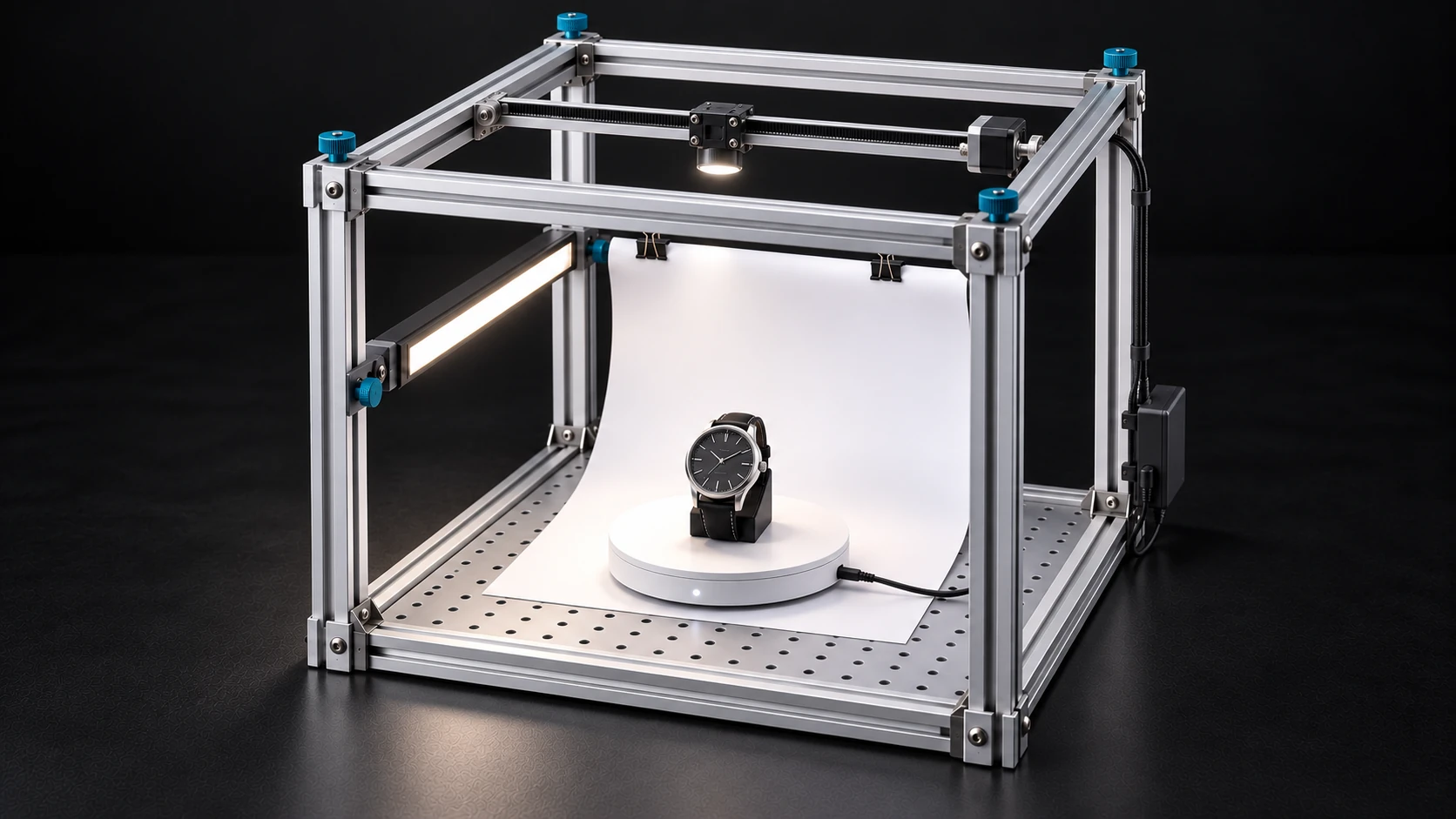 A motorized cross rail on the full top frame carries a light over a watch on a turntable