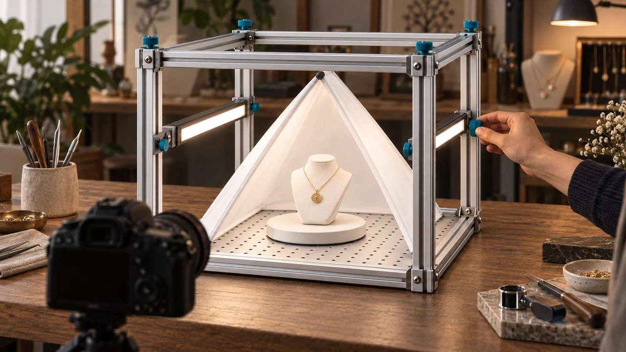 Necklace setup: a delicate gold pendant on a small white bust inside the triangular diffusion tent