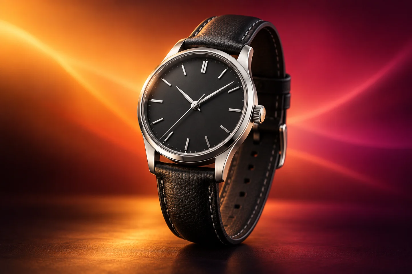 Illustrative result: matching watch with dramatic amber and magenta campaign lighting
