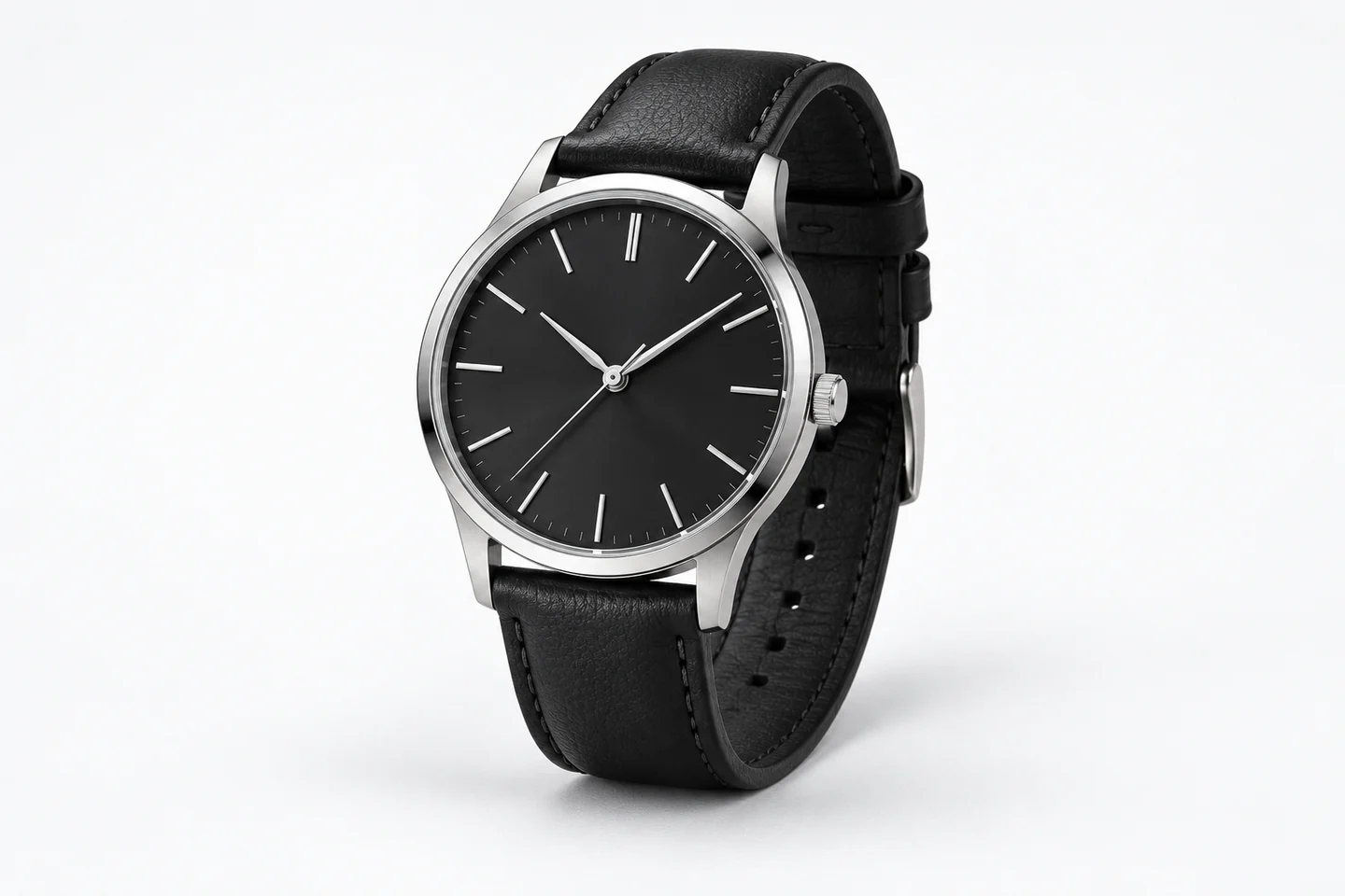 Illustrative result: matching black-dial leather-strap watch on a clean white background