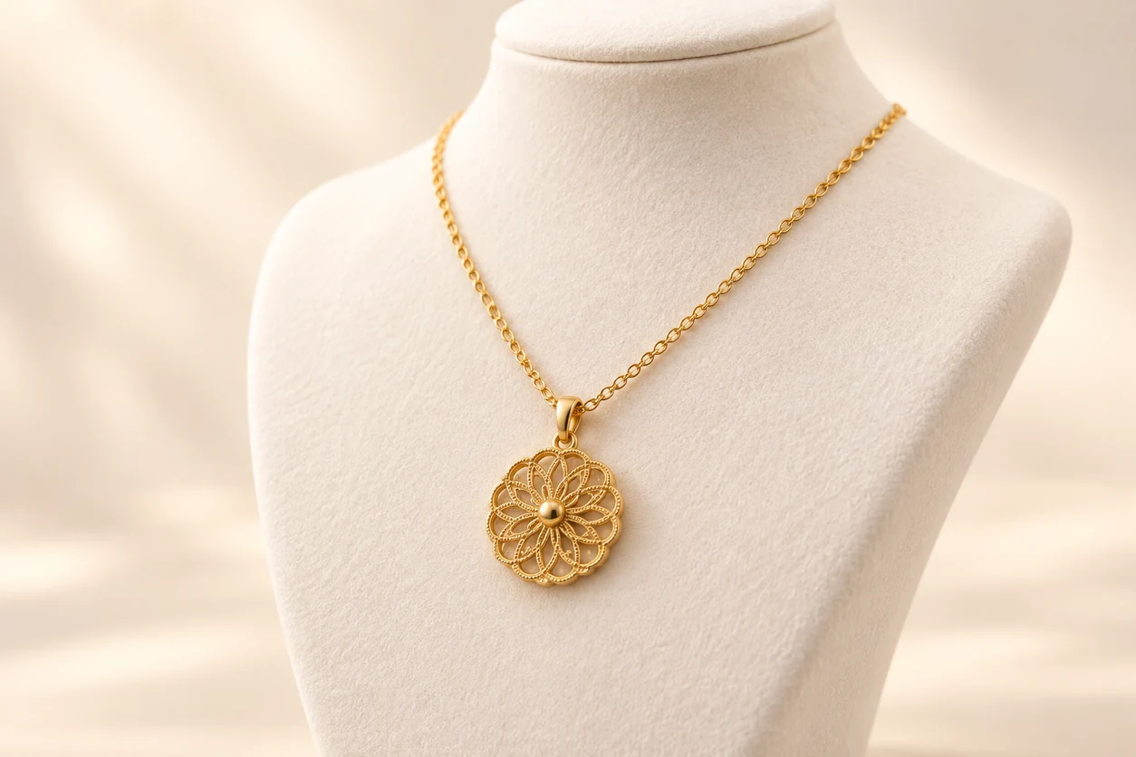 Illustrative result: matching fine gold necklace and pendant in a softly lit close-up