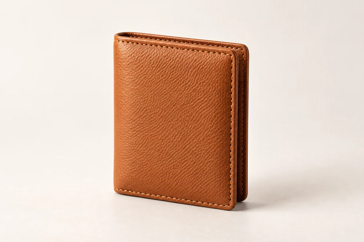 Illustrative result: matching tan wallet with its leather texture and stitching clearly visible