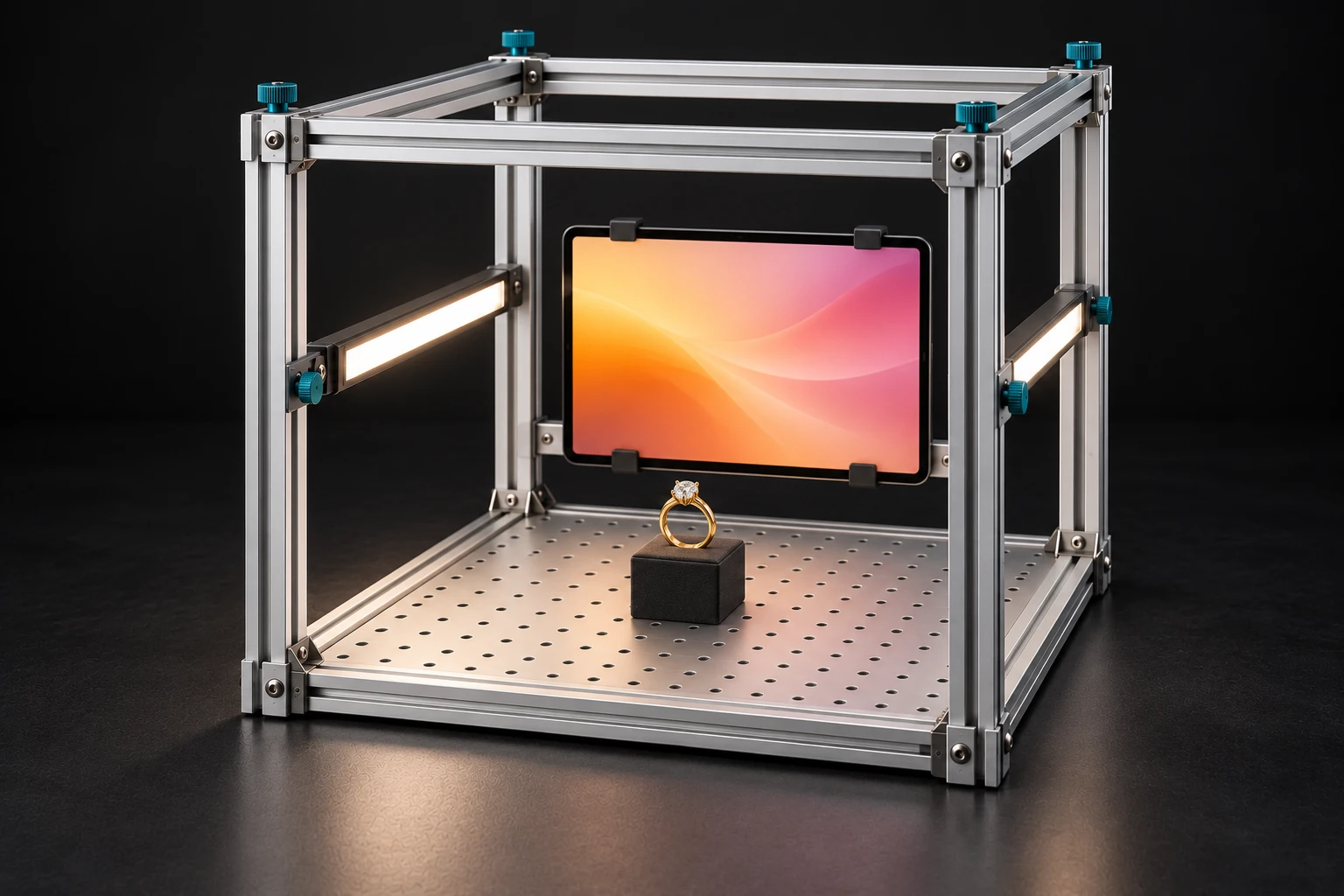 A landscape tablet is centered on a bridge between the two rear posts, behind a ring