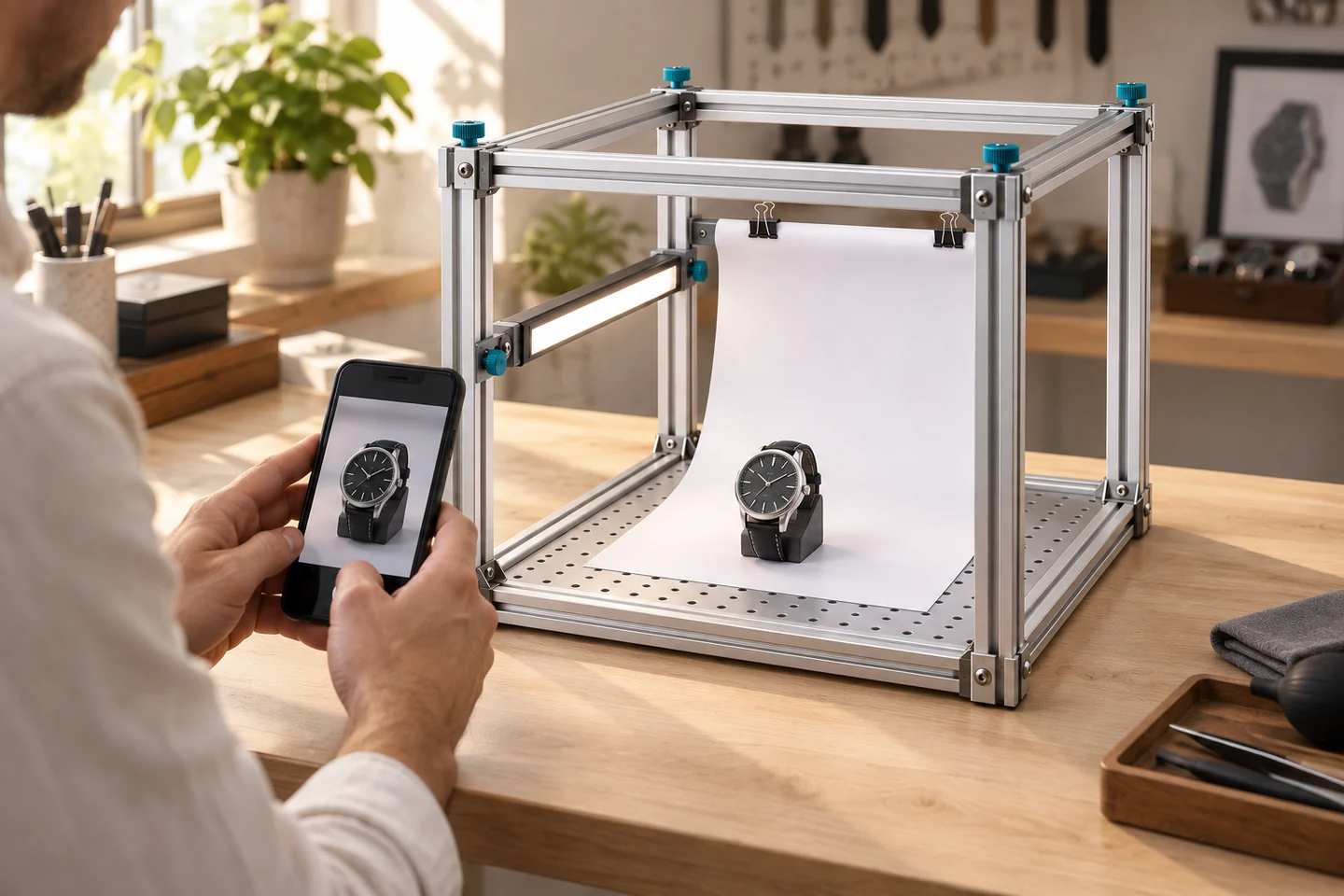 A creator framing a product photograph with a phone and FRAMEA