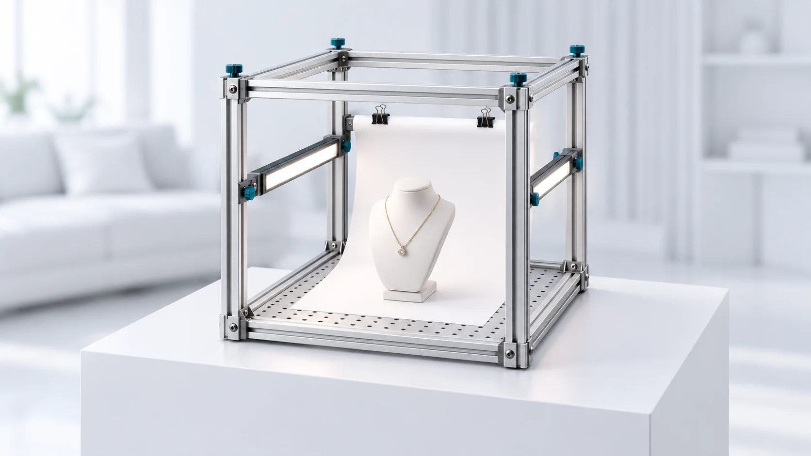 Cube 45 with a necklace on a white pedestal in a bright, minimal white interior